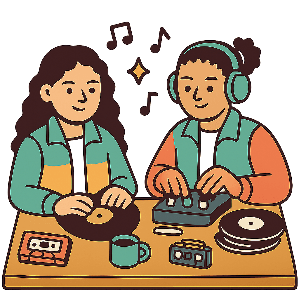 Two friends behind a retro DJ counter